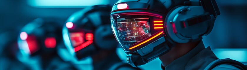 Cyberpunk aircrew in neon-lit visors and digital holographic interfaces, sci-fi aviation theme