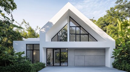Fototapeta premium A minimalist white house with a geometric angular design, gray concrete walls, and black-framed windows