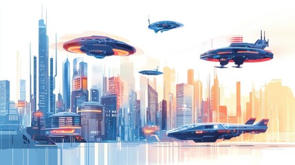 Naklejka premium Futuristic city with flying vehicles soaring in the atmosphere above