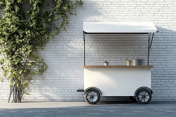 Minimalist 3D food cart mockup with awning and wheels, set against a brick wall, featuring an ice cream bike in front of a store window, ideal for branding and advertising