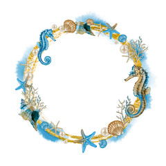 Circle frame of the sea, blue, beach, seahorse, shell, coral, starfish, summer banner Hand drawn illustration on a transparent background