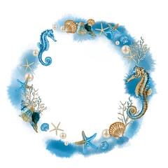 Circle frame of the sea, blue, beach, seahorse, shell, coral, starfish, summer banner Hand drawn illustration on a transparent background