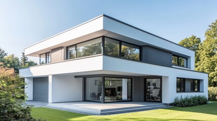 A modern, angular white and gray house with expansive windows that provide natural light and a clean, open interior