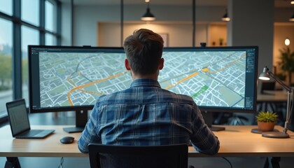 Man designs transportation routes at desk in modern office, focused on two large screens displaying city map. Well-lit workspace. Logistics, transport infrastructure planning for urban traffic