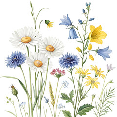 Fototapeta premium Set beautiful wildflowers isolated background drawn in watercolor. Chamomiles, cornflowers, bells and rapeseed