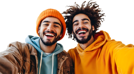 Two joyful men laughing together while taking a selfie, showcasing happiness and friendship.