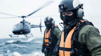Obraz premium Helicopter aircrew in rescue gear, preparing for a mission over a stormy sea
