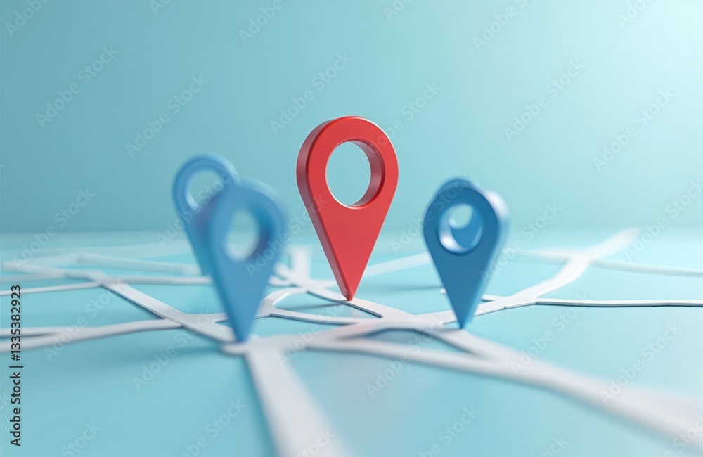 Aufkleber 3D render of red locator, blue location pins on navigator map for search concept. Navigation app symbol design for travel direction, delivery service route, modern tech transport.
