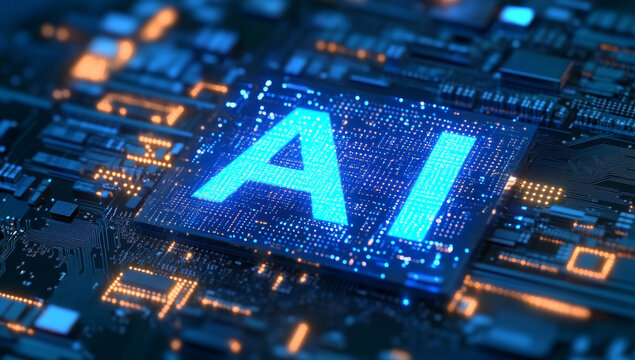 motherboard with ai written on it. Concept AI (Artificial Intelligence) technology, chip IC on PCB, PCB circuit board, microprocessor. 
