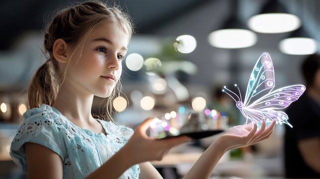 Girl holding a holographic butterfly. - Powered by Adobe