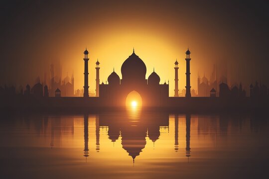 The silhouette of a beautiful palace over reflective waters at sunset