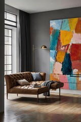 Fashionable, modern apartment with a large painting on the wall.