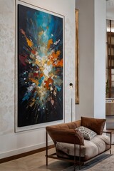 Fashionable, modern apartment with a large painting on the wall.