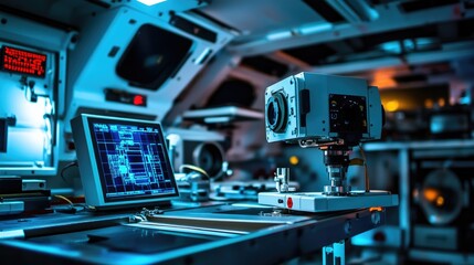 Fototapeta premium High-Tech Laboratory Setting with Camera Equipment and Computer Graphics Displaying Blueprints