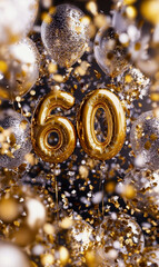 carte d'invitation avec ballons à l'hélium en forme de texte "60" pour le soixantième anniversaire