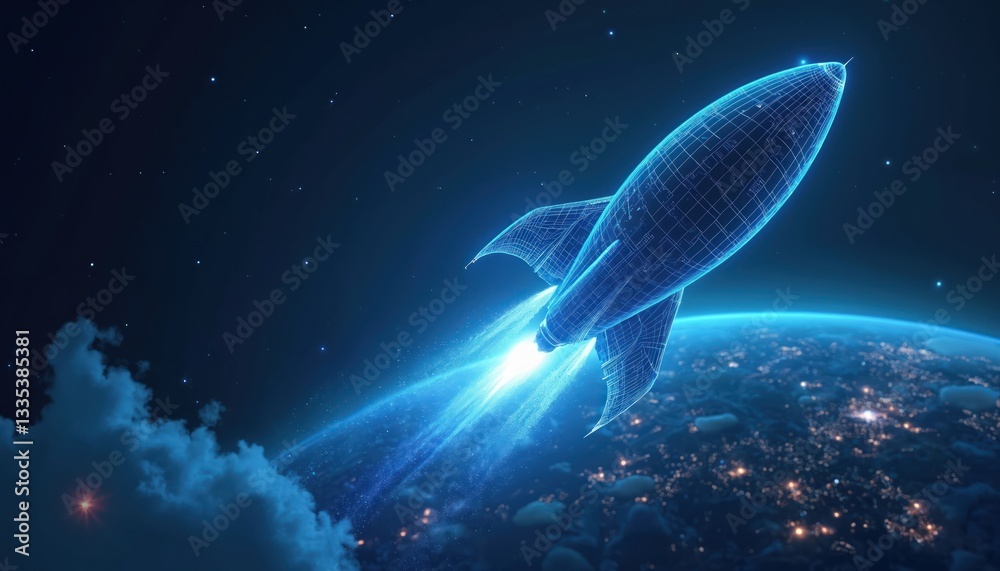 Poster digital rocket orbits earth in space. wireframe spaceship illustration on abstract dark blue backgro