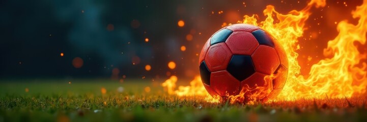 Fototapeta premium Fiery football engulfed in flames, burning intensely , glow, yellow, epic