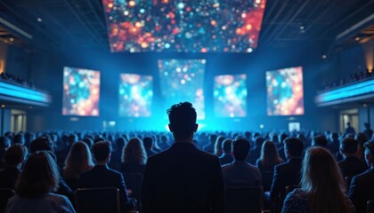 Diverse audience watches colorful digital presentation on multiple screens in modern venue at night. People attend business conference. Visual celebration event, teamwork, collaboration, culture,