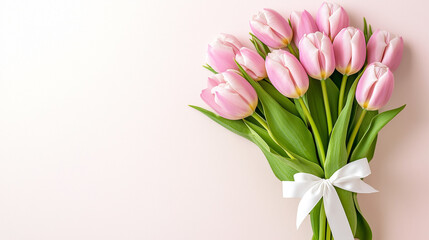 Fototapeta premium Delicate bouquet of soft pink tulips tied with a white satin ribbon on a blush background for Mother's Day
