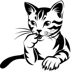 Obraz premium a cute little cat is looking up and licking its paw in black and white illustration