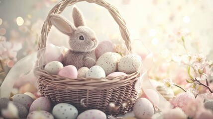 A cozy 3D-rendered Easter basket filled with chocolate eggs, a plush bunny, and delicate ribbons, all in soft pastel tones, radiating warmth and festive charm.