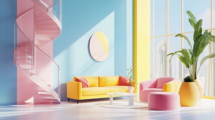 Pastel living room, spiral staircase, city view, sunny
