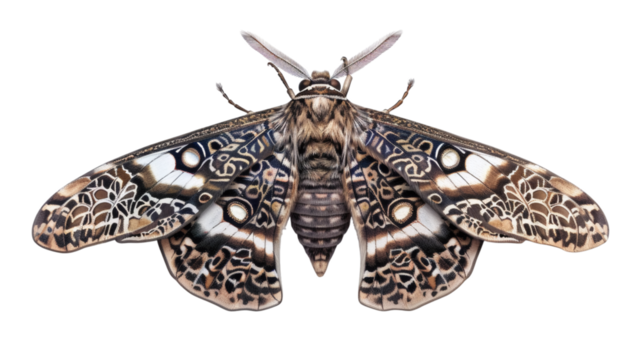 Realistic moth with intricate wing patterns isolated on a white background