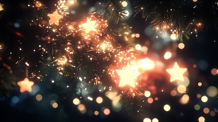 Holiday star lights sparkle on tree for winter