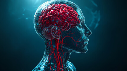 A detailed 3d depiction of a human head, revealing the skull and brain, with red veins displayed on a translucent blue figure. Translucent Veins. Illustration