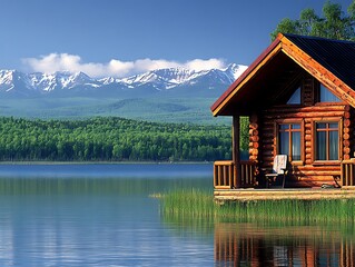 Naklejka premium A cozy log cabin sits on a lake near snowy mountains