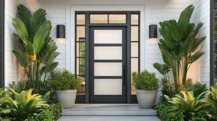 Fototapeta premium A modern farmhouse-style front door with frosted glass and soft gray trim, surrounded by lush greenery, including tall potted plants on each side
