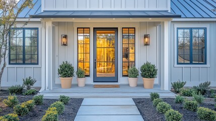 A modern farmhouse front door with amber glass and soft cream trim, framed by minimalistic landscaping including simple potted plants and small shrubs