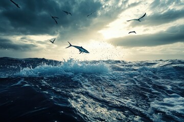 Obraz premium Swordfish leaping from the Mediterranean