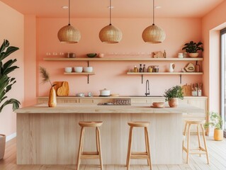 Modern kitchen interior displaying wooden features and soft peach tones