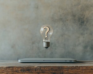 A floating lightbulb with a question mark over a laptop
