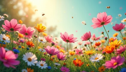 Vibrant garden meadow with colorful flowers, spring bloom. Pink, white, yellow, orange wildflowers under sunlight, blue sky. Bees fly over rich field. Blossoming nature, floral scenic background.