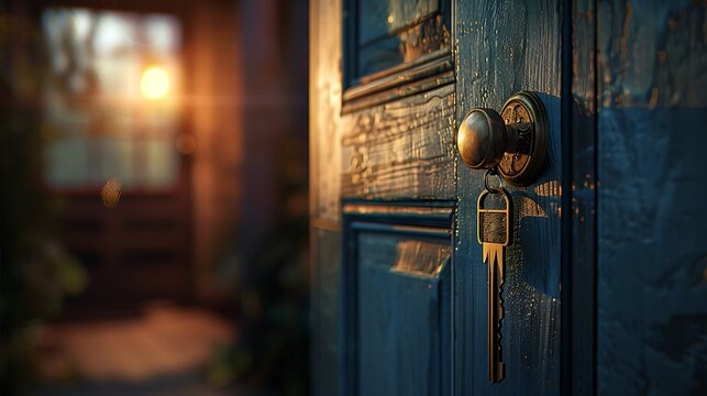 Open door to a new home with key and home shaped keychain. Mortgage, investment, real estate, property and new home concept - Powered by Adobe