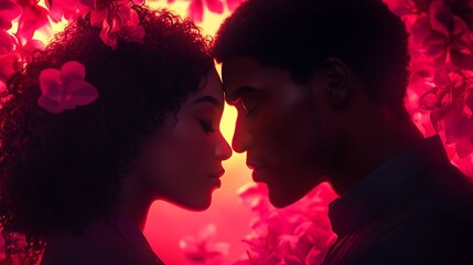 Romantic couple's close-up portrait, framed by vibrant pink flowers, illuminated with warm, red light.