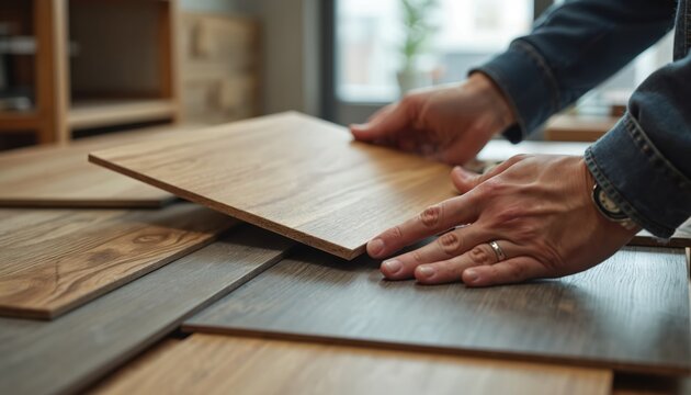 Customer selects hardwood flooring samples. Client hands pick wood laminate tile vinyl floor from variety of textures in store. Home improvement, interior design, home decor, construction,