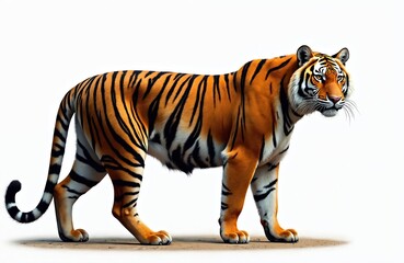 Fototapeta premium Side view of tiger with orange fur, black stripes on clean white background. Wild cat walks gracefully, looks at camera. Bengal tiger predator hunts mammal animal.