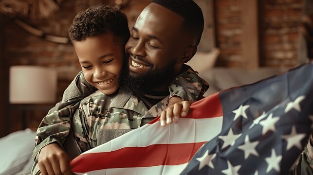 African american father in military uniform embraces a joyful son holding an american flag. the emotional reunion suggests the father is returning home, evoking a sense of relief and happiness.