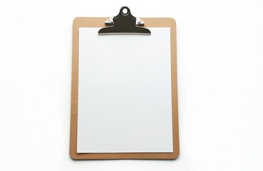 Office clipboard with blank white paper sheet on white background. Brown clip board for checklists, document template, school, education, business, work tasks. Minimalist stationery mockup studio