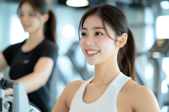 A young woman smiling while working out in a modern gym. She exudes fitness and positivity, showcasing the joy of maintaining a healthy lifestyle through regular exercise.