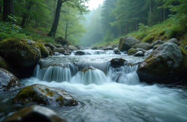 Fototapeta premium Serene mountain stream flows through rich green forest. Mossy rocks, dynamic water create peaceful landscape. Rushing stream, cascading falls. Scenic nature for relaxation, meditation, escape,
