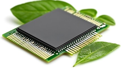 Green tech microchip on circuit board.
