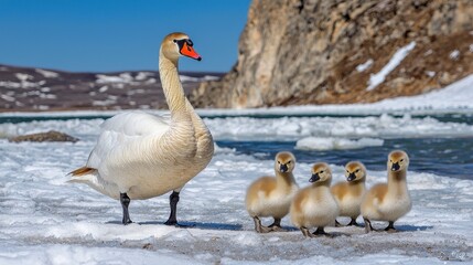 Fototapeta premium White Swan and Cygnets on Snowy Lakeshore with Icy Water