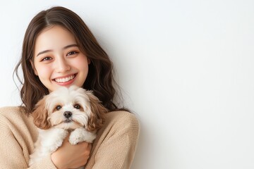 A joyful young woman smiles brightly while holding her adorable small dog. The image captures a moment of happiness and companionship, showcasing the bond between humans and pets.