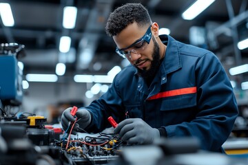 A technician skillfully works on electronic equipment in a modern factory setting. The environment is equipped with advanced technology and tools for efficient production.