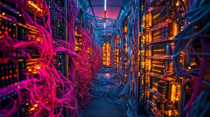 Server room cables tangled in vibrant colors
