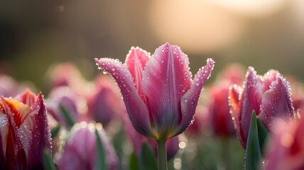 Fototapeta premium Close-up of vibrant tulips covered in glistening morning dew. Tiny droplets cling to the petals, reflecting light like tiny crystals.